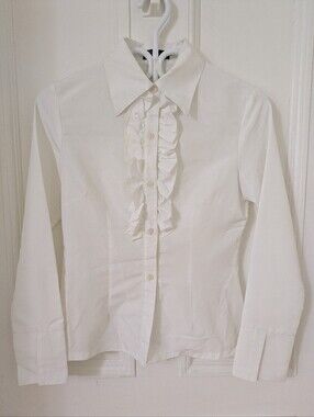 Classic White Ruffle Front Button-Down Shirt